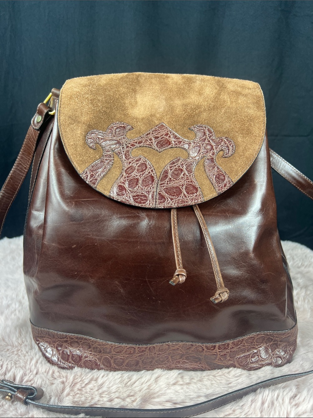 Bally Vintage 1980s Crocodile Embossed Leather Suede Bucket Bag EUC